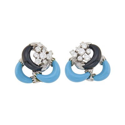 Lot 194 - Kutchinsky Pair of White Gold, Black Onyx, Reconstituted Turquoise and Diamond Earclips