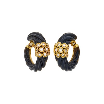 Lot 185 - Van Cleef & Arpels Pair of Gold, Fluted Black Onyx and Diamond Hoop Earrings, France