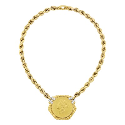 Lot 26 - David Webb Gold, Platinum, Gold Coin and Diamond Pendant with Gold Rope-Twist Chain Necklace