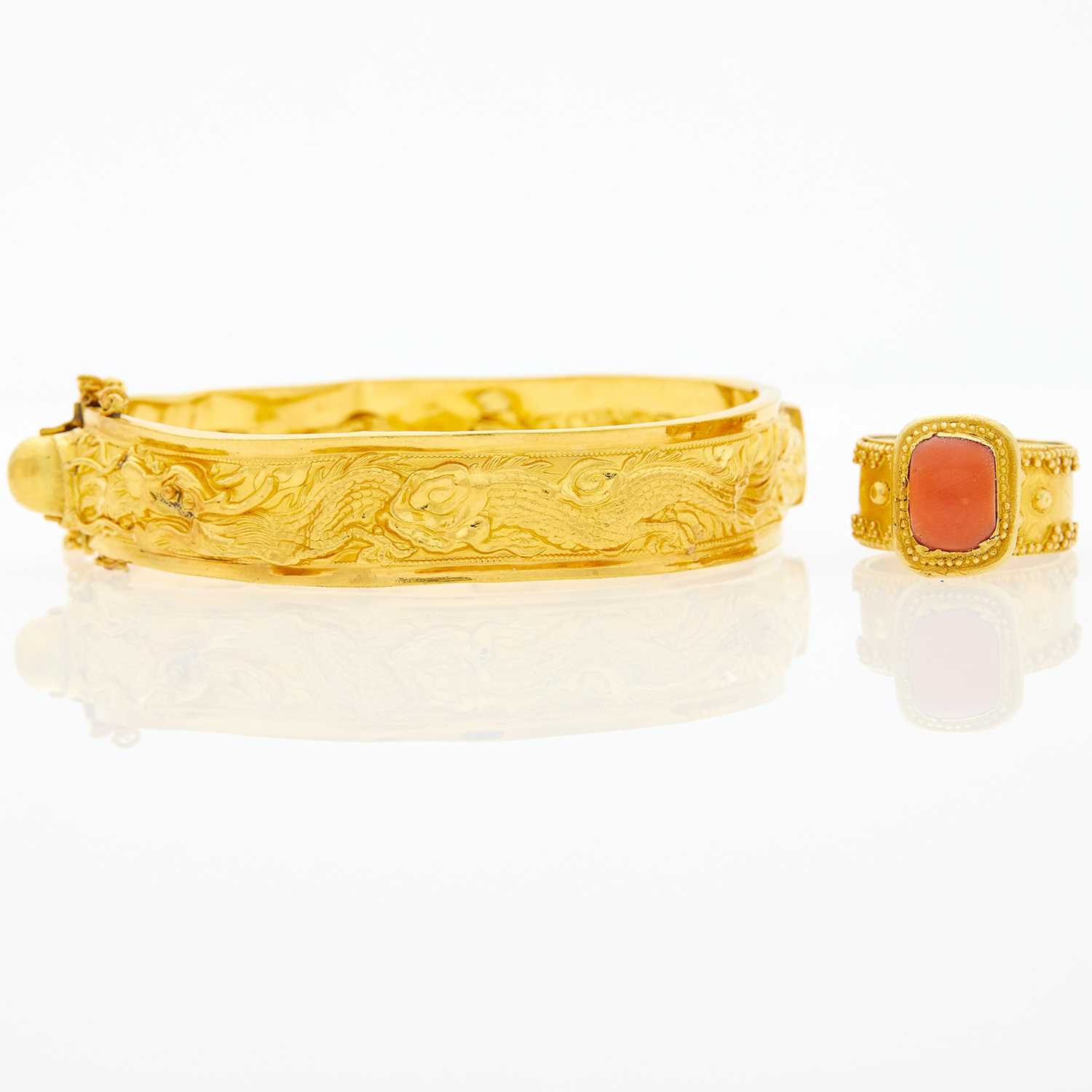 Lot 1058 - High Karat Gold Bangle Bracelet and Gold and Coral Ring
