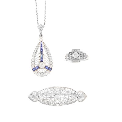 Lot 1161 - Platinum and Diamond Brooch, Pendant with Chain and Ring