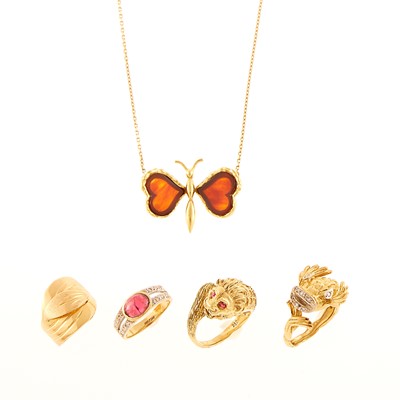 Lot 1104 - Four Gold Rings and Pendant-Necklace
