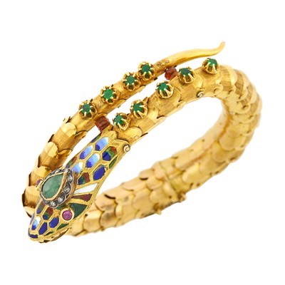 Lot 61 - Gold, Gem-Set, Diamond and Enamel Serpent Bangle Bracelet