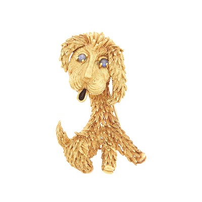 Lot 1027 - Gold, Enamel and Cabochon Sapphire Dog Clip-Brooch