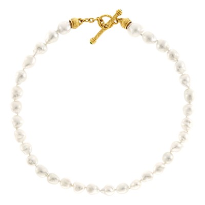 Lot 1029 - Baroque Cultured Pearl Necklace with Gold and Cabochon Emerald Toggle Clasp