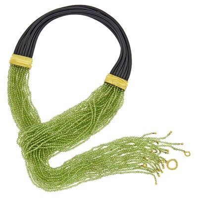 Lot 120 - Denise Roberge Leather, High Karat Gold and Multistrand Peridot Bead Lariat Necklace