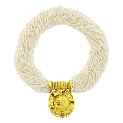 Lot 24 - Denise Roberge Multistrand Biwa Pearl Torsade Necklace with Gold and Cabochon Colored Stone Medallion Enhancer