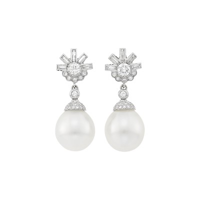 Lot 158 - Pair of Platinum, Diamond and South Sea Cultured Pearl Pendant-Earrings, France