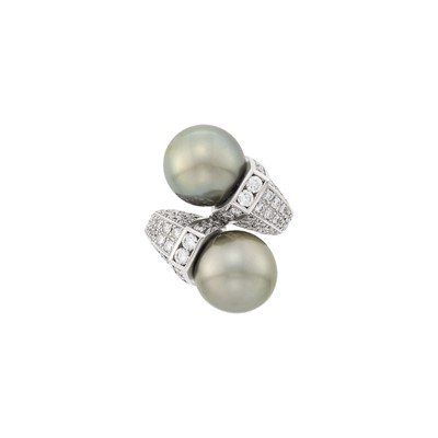 Lot 71 - White Gold, Tahitian Gray Cultured Pearl and Diamond Crossover Ring