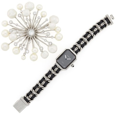 Lot 1225 - Chanel Stainless Steel and Black Leather 'Première' Wristwatch and Rhinestone and Imitation Pearl Brooch