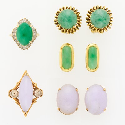 Lot 1221 - Group of Gold, Multicolored Jade and Diamond Jewelry