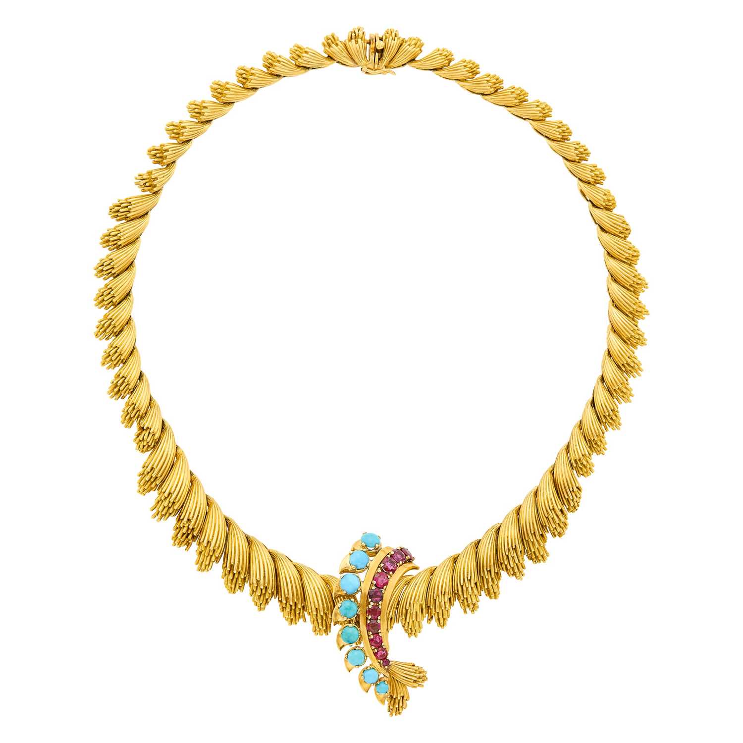 Lot 134 - Gold Necklace with Detachable Gold, Turquoise and Ruby Brooch, France