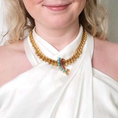 Lot 134 - Gold Necklace with Detachable Gold, Turquoise and Ruby Brooch, France