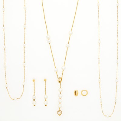 Lot 1002 - Mikimoto Three Gold and Cultured Pearl Necklaces and Pair of Earrings and Pair of Gold Earrings