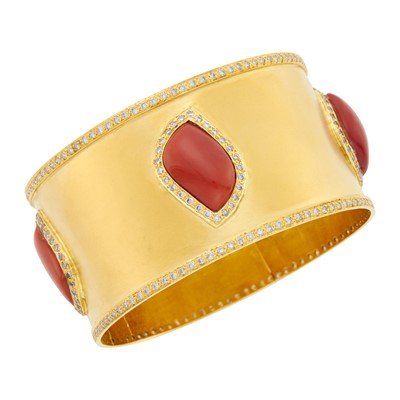 Lot 122 - Gold, Coral and Diamond Cuff Bangle Bracelet