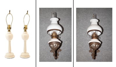 Lot 360 - Pair of Glass and Metal Sconces Together with a Pair of Milk Glass Lamps