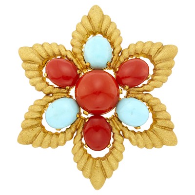 Lot 11 - Gold, Coral and Turquoise Star Pendant Clip-Brooch