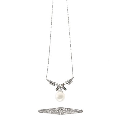 Lot 1130 - White Gold, Baroque South Sea Cultured Pearl, Gem-Set and Diamond Pendant-Necklace and Bar Pin