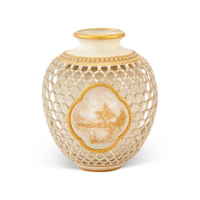 Lot 423 - Royal Worcester Aesthetic Movement Gilt and Reticulated Porcelain Cabinet Vase