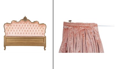 Lot 220 - Pink Upholstered Tufted Giltwood Headboard Together with Matching Curtains