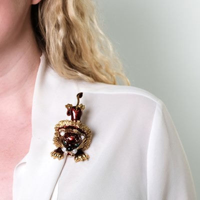 Lot 28 - Two-Color Gold, Enamel and Diamond Lion Clip-Brooch