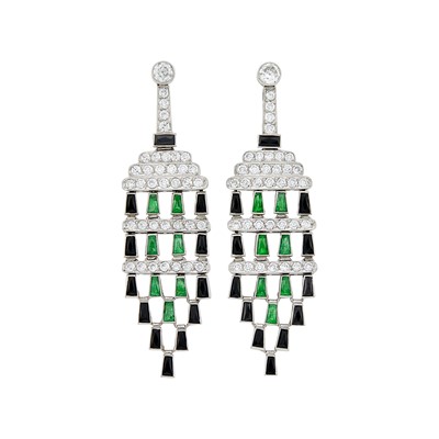 Lot 1081 - Pair of Platinum, Diamond, Emerald and Black Onyx Pendant-Earrings