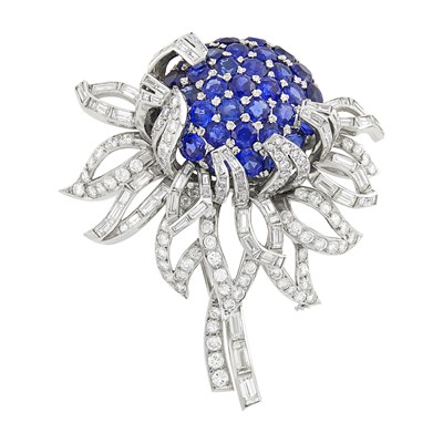 Lot 223 - Platinum, Sapphire and Diamond Flower Clip-Brooch