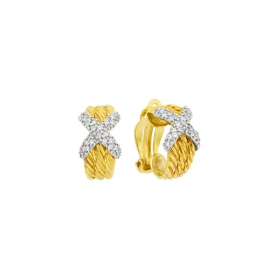 Lot 27 - David Yurman Pair of Two-Color Gold and Diamond 'X' Hoop Earclips