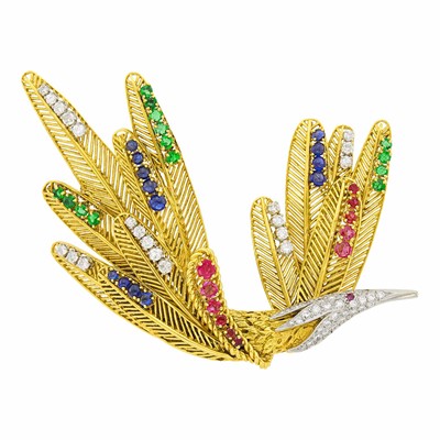 Lot 144 - Gold, Platinum, Colored Stone and Diamond Bird Brooch