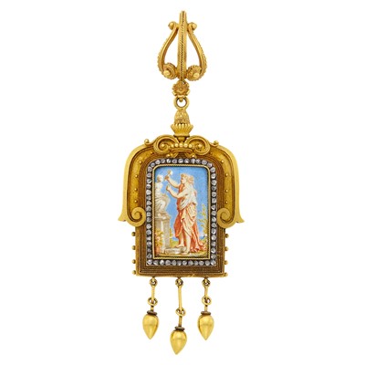 Lot 113 - Archaeological Revival Gold, Enamel and Diamond Pendant