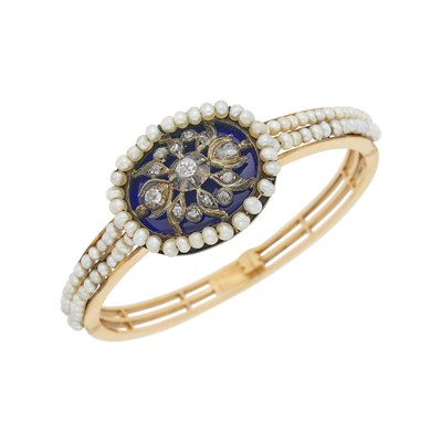 Lot 63 - Antique Gold, Silver, Diamond, Blue Enamel and Pearl Bangle Bracelet, France