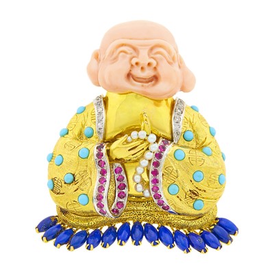 Lot 41 - Gold, Carved Angel Skin Coral, Turquoise, Lapis, Ruby, Cultured Pearl and Diamond Buddha Clip-Brooch