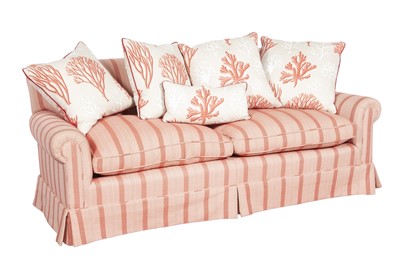 Lot 301 - Upholstered Love Seat and Five Coral Throw Pillows