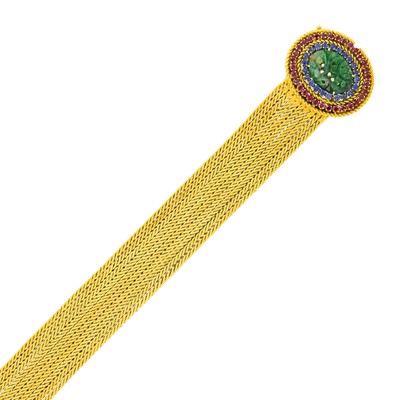 Lot 50 - Ten Strand Gold, Carved Jade, Ruby and Sapphire Bracelet