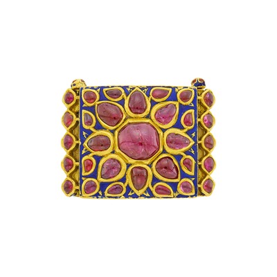 Lot 1057 - Indian Gold, Foil-Backed Ruby and Jaipur Enamel Belt Buckle