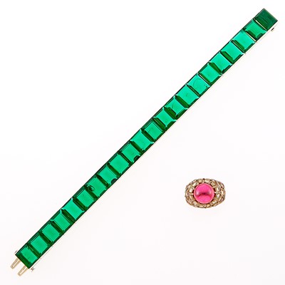 Lot 1064 - White Gold and Synthetic Emerald Bracelet and Silver-Gilt, Synthetic Cabochon Ruby and Diamond Ring