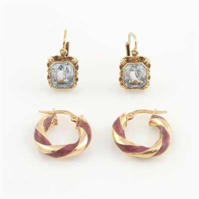Lot 287 - Four Gold, Stone and Enamel Earrings, 14K 4...