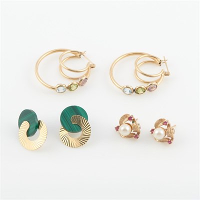 Lot 509 - Six Gold, Bead and Stone Earrings, 14K 9 dwt. all