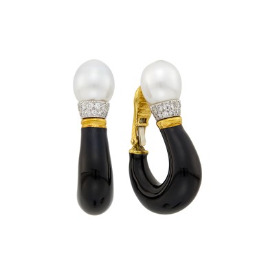 Lot 198 - David Webb Pair of Gold, Platinum, Black Enamel, Cultured Pearl and Diamond Hoop Earclips