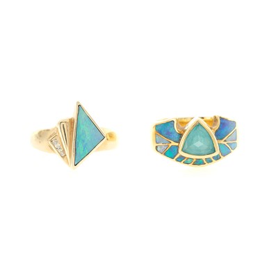 Lot 2024 - Two Gold, Black Opal, Indicolite Tourmaline and Diamond Rings