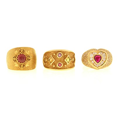 Lot 2097 - Gold, Ruby and Diamond Ring, Gold and Cabochon Garnet Ring and Gold and Gem-Set Ring