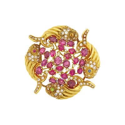 Lot 164 - Cartier, Aldo Cipullo Gold, Ruby, Diamond and Gem-Set Fish Brooch