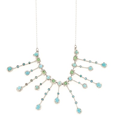 Lot 1133 - White Gold, Turquoise and Emerald Swag Necklace