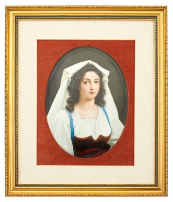 Lot 276 - Framed Continental Painted Oval Portrait Plaque of a Woman with White Head Veil / Framed Continental Painted Porcelain Plaque of a Woman with Ivy Hair Garland and Cloak