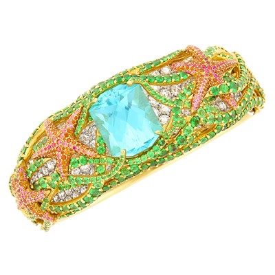 Lot 244 - Tiffany & Co. Gold, Platinum, Blue-Green Tourmaline, Gem-Set and Diamond 'Sea Life' Cuff Bangle Bracelet