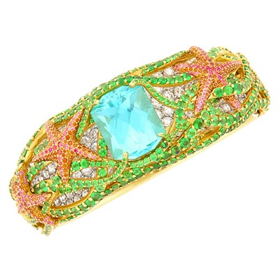 Lot 214 - Tiffany & Co. Gold, Platinum, Blue-Green Tourmaline, Gem-Set and Diamond 'Sea Life' Cuff Bangle Bracelet