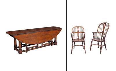 Lot 82 - English Oak Dining Table and Group of English Oak and Elm Windsor Chairs