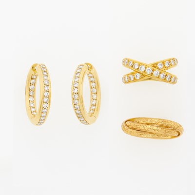 Lot 2292 - Pair of Gold and Diamond Hoop Earrings, Diamond Ring and 'Rolling' Band Ring