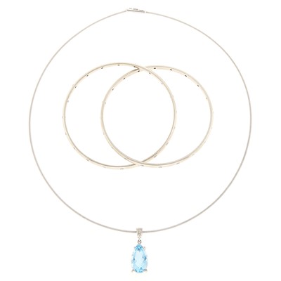 Lot 1117 - White Gold, Aquamarine and Diamond Necklace and Bangle Bracelet