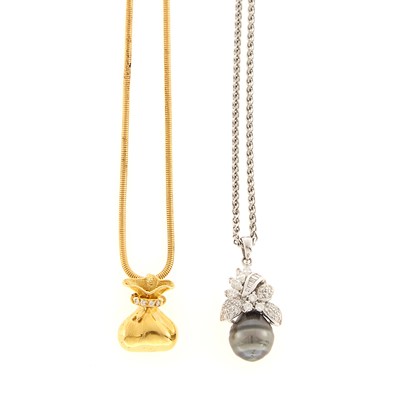 Lot 1074 - White Gold, Gray Baroque Cultured Pearl and Diamond Pendant with Chain Necklace and Gold and Diamond Pendant with Snake Chain Necklace